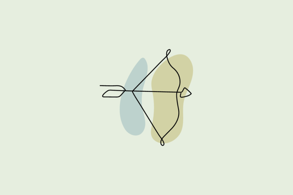 Ilustração do signo Sagitário: desenho em traço contínuo preto de um arco curvo com a corda esticada e uma flecha horizontal apontando para a direita, sobre manchas orgânicas em azul-acinzentado e verde; em fundo verde-sálvia.
