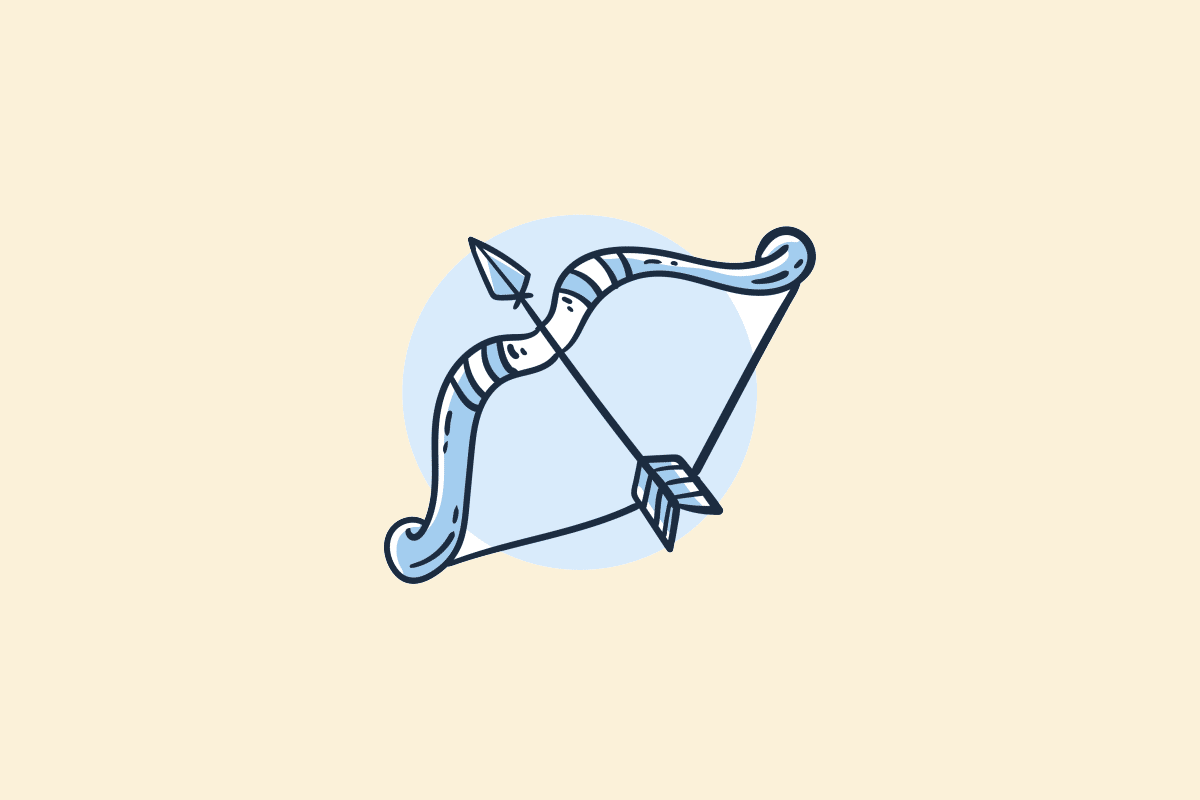 Ilustração do signo Sagitário: desenho em estilo de rabisco, com contorno azul-marinho, de um arco azul com a corda esticada e uma flecha na diagonal apontando para o alto à esquerda, sobre um círculo azul-claro; em fundo amarelo-claro.