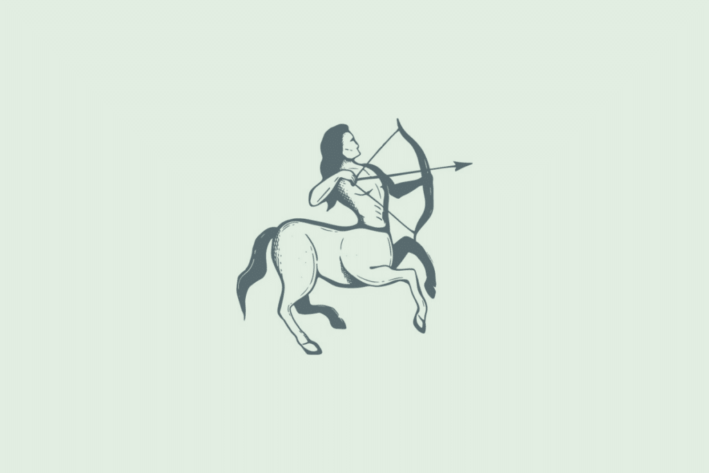 Ilustração em traço de um centauro, metade homem e metade cavalo, puxando a corda de um arco com uma flecha, representando o signo de Sagitário, sobre fundo verde-claro.
