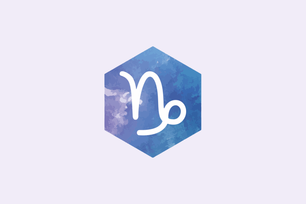 Símbolo do signo Capricórnio: traço branco de uma letra "n" cuja última haste desce e termina em um laço, dentro de um hexágono pintado em aquarela azul e lilás; em fundo lavanda-claro.