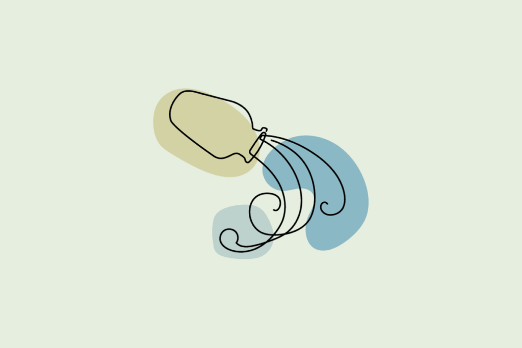 lustração do signo Aquário: desenho em traço contínuo preto de um jarro inclinado derramando água em linhas curvas e ondas que se enrolam para baixo, sobre manchas orgânicas em verde e azul; em fundo verde-sálvia.