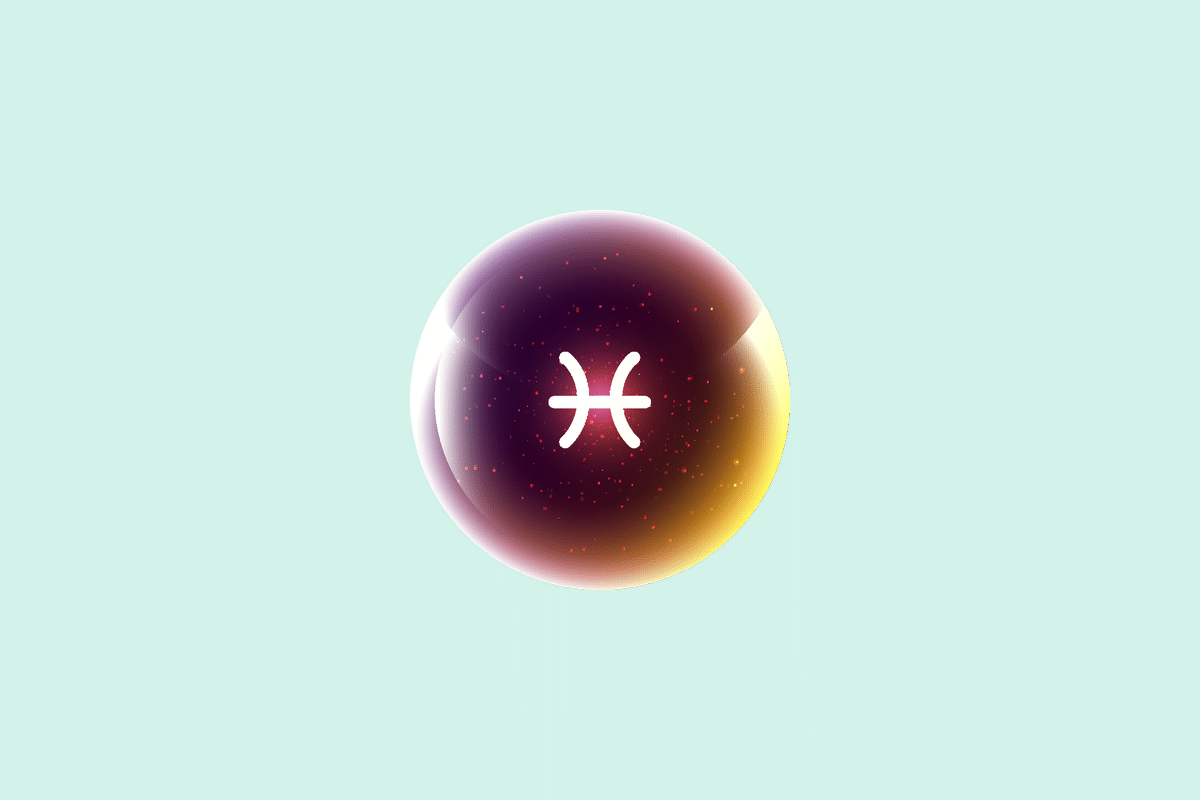 Ilustração do signo Peixes, contendo uma esfera brilhante em tons de roxo, rosa e dourado com o símbolo branco de Peixes, dois arcos opostos ligados por uma linha horizontal, em fundo verde-água.