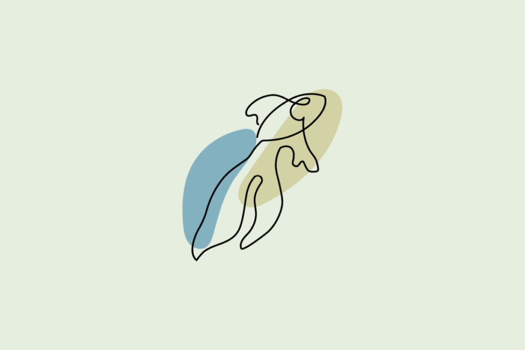 Ilustração do signo Peixes: desenho em traço contínuo preto de um peixe nadando na vertical, com o corpo curvado e nadadeiras e cauda longas e esvoaçantes, sobre manchas orgânicas; em fundo verde-sálvia.