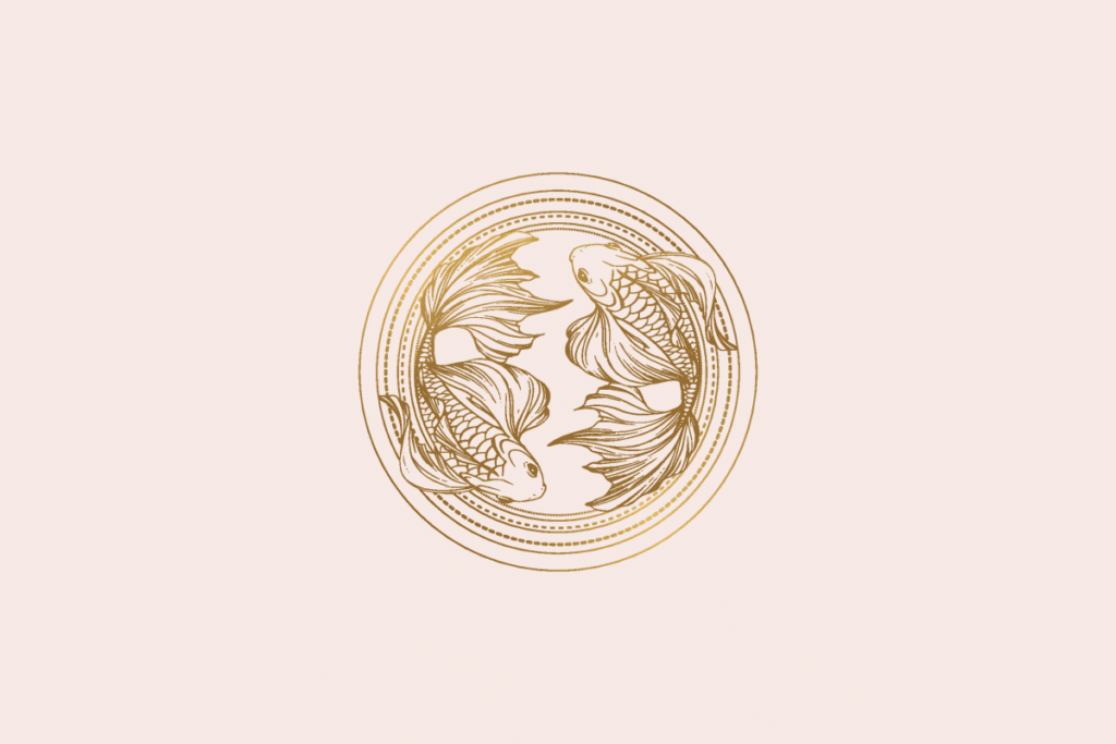 Ilustração do signo Peixes: gravura dourada de dois peixes de nadadeiras longas e esvoaçantes, nadando em direções opostas em círculo, dentro de um medalhão de anéis dourados finos e pontilhados; em fundo rosa-claro.