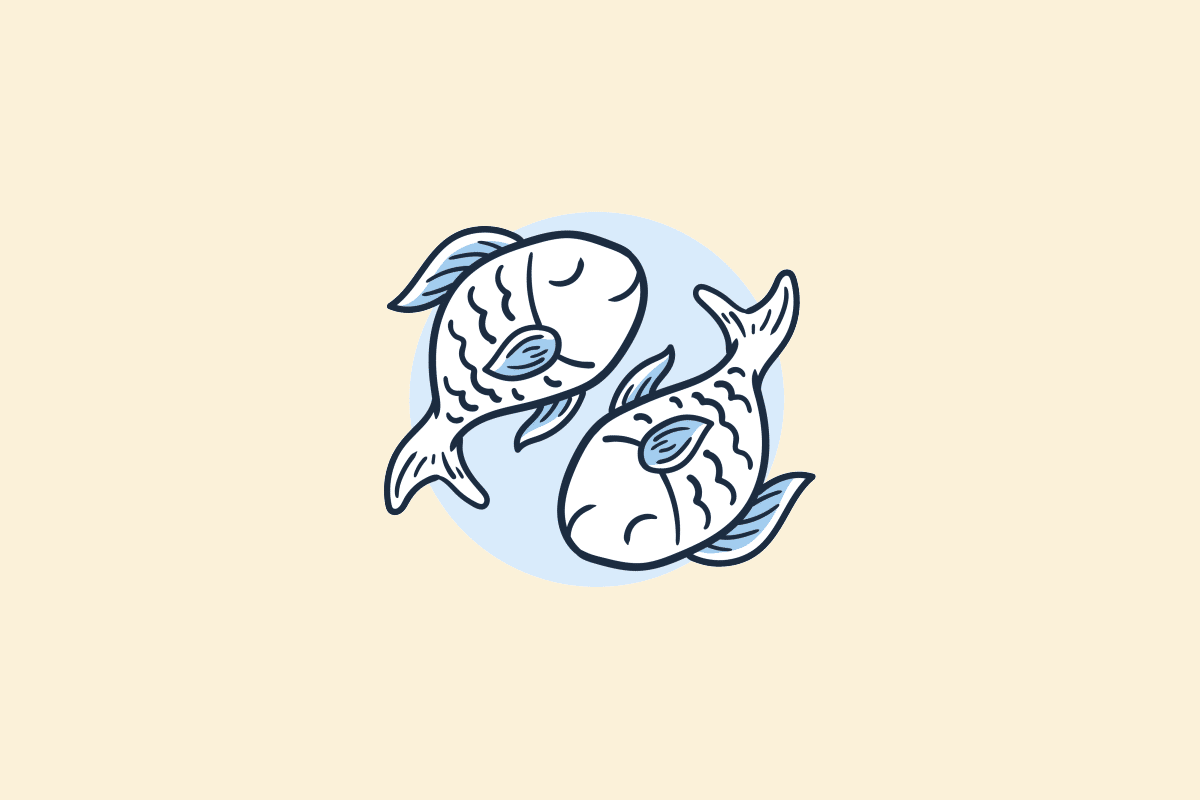 Ilustração do signo Peixes: desenho em estilo de rabisco, com contorno azul-marinho, de dois peixes de escamas desenhadas nadando em direções opostas, um em cima e outro embaixo, sobre um círculo azul-claro; em fundo amarelo-claro.