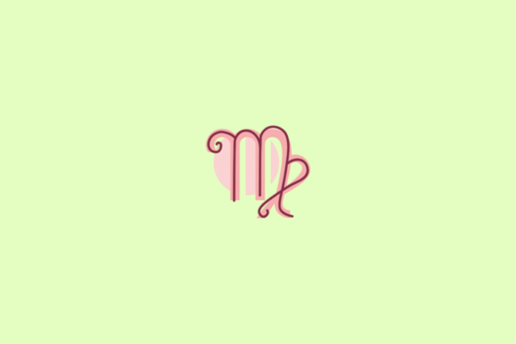 Símbolo do signo de Virgem, em vinho escuro com contorno rosa, sobre uma forma rosa-clara. O desenho apresenta três hastes verticais com curvas na parte superior e uma extremidade que se prolonga em direção à direita. O fundo é verde-claro pastel uniforme.