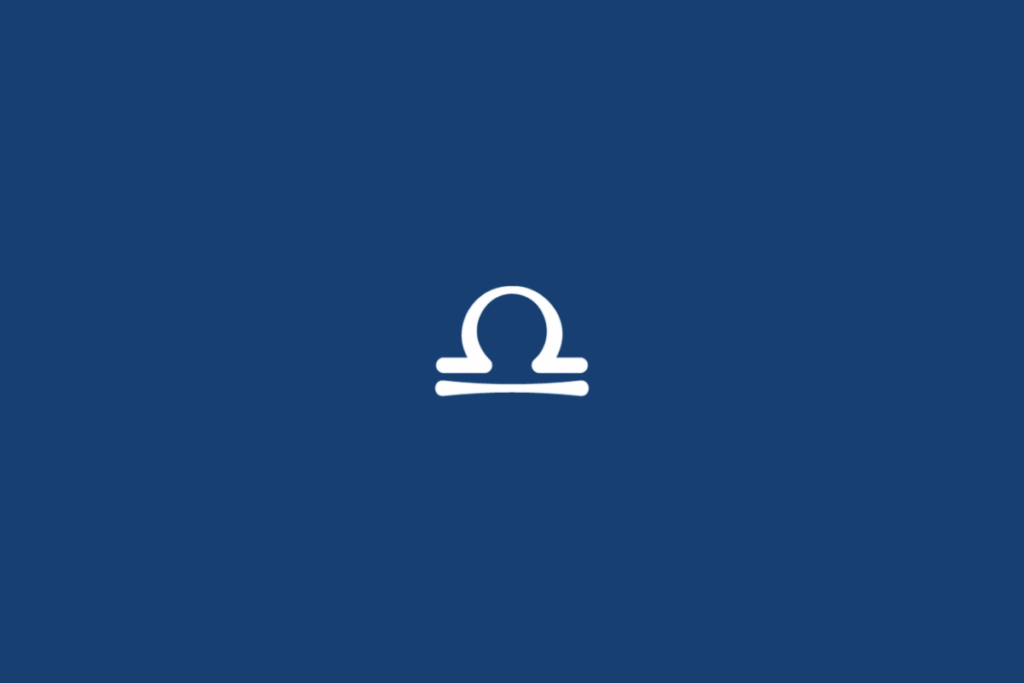 Símbolo do signo de Libra, em branco, composto por um arco arredondado sobre uma linha horizontal e um segundo traço horizontal logo abaixo. O fundo é azul-marinho uniforme.