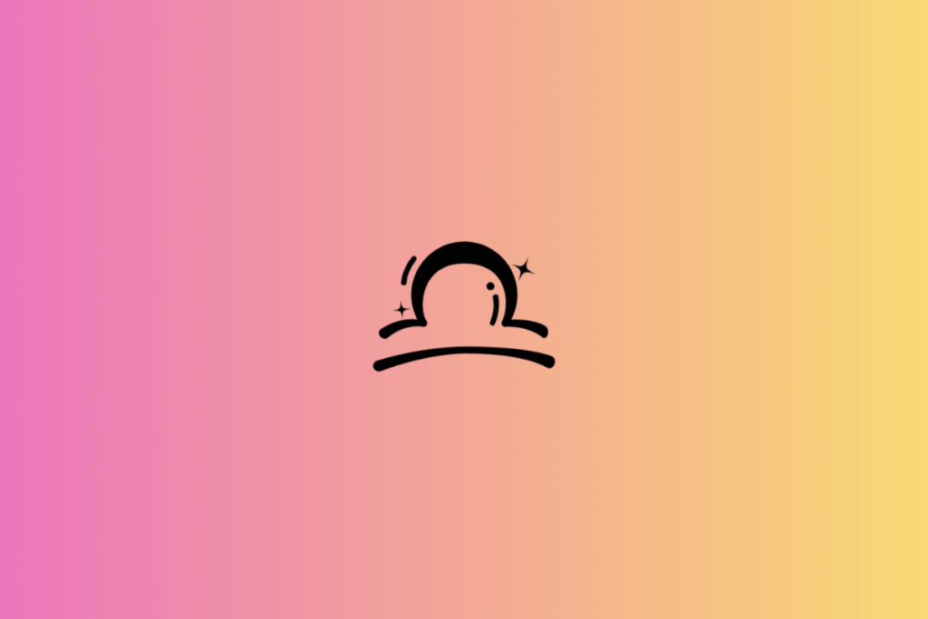 Ilustração do signo de Libra em preto, centralizada sobre um fundo em degradê que transita do rosa ao amarelo-claro. O símbolo apresenta uma linha curva semelhante a um arco sobre uma base horizontal, lembrando o desenho de um pôr do sol ou de uma balança simplificada. Pequenas estrelas e traços curvos complementam a ilustração.