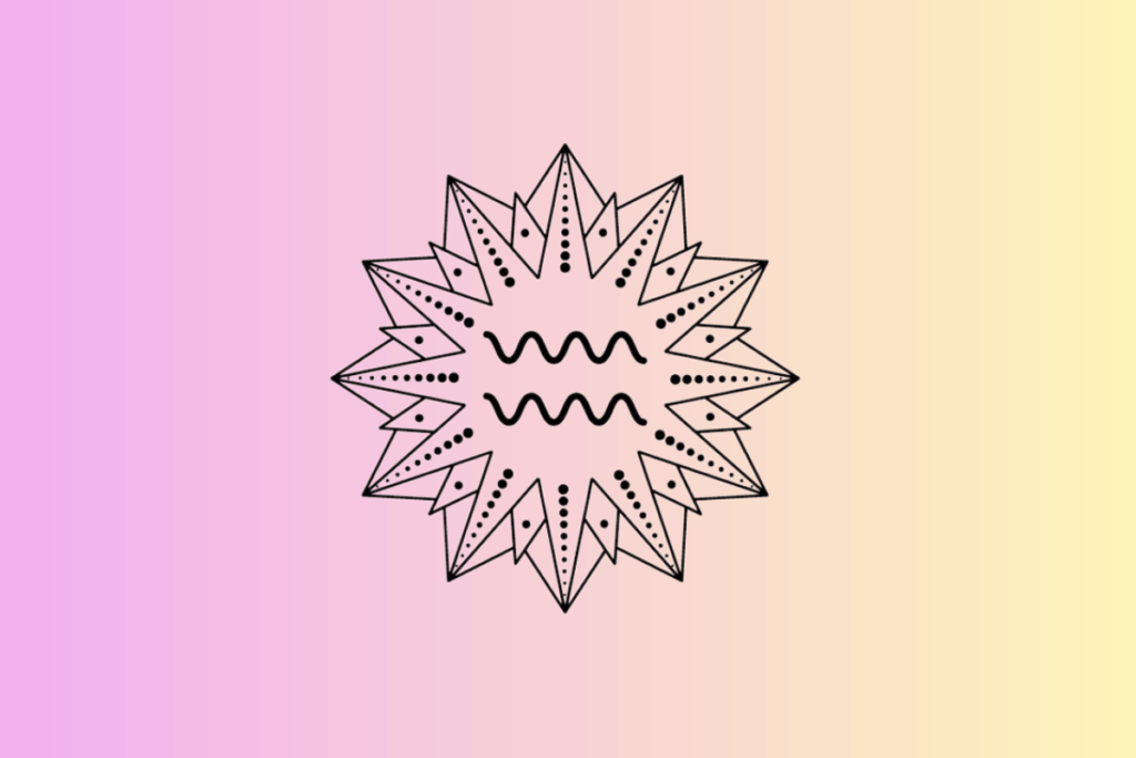 Ilustração com fundo em degradê do rosa para o amarelo, contendo ao centro um sol geométrico estilizado em preto e branco, com o símbolo do signo de Aquário no meio.