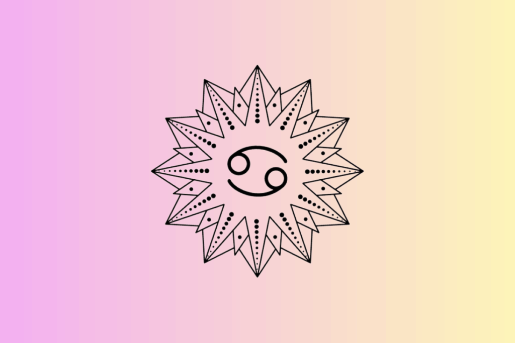 Ilustração com fundo em degradê do rosa para o amarelo, contendo ao centro um sol geométrico estilizado em preto e branco, com o símbolo do signo de Câncer no meio.