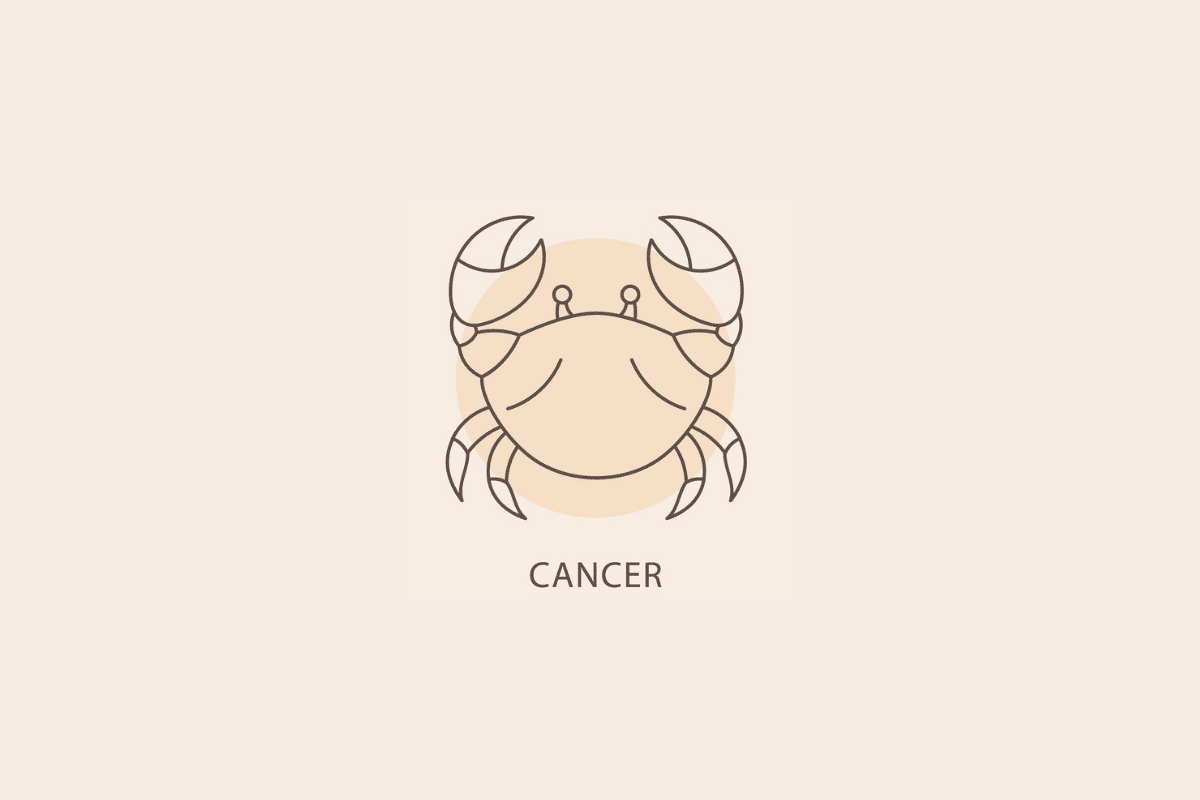 Ilustração em linhas finas de um caranguejo com garras levantadas, com um círculo bege ao fundo e a palavra "CANCER" abaixo.