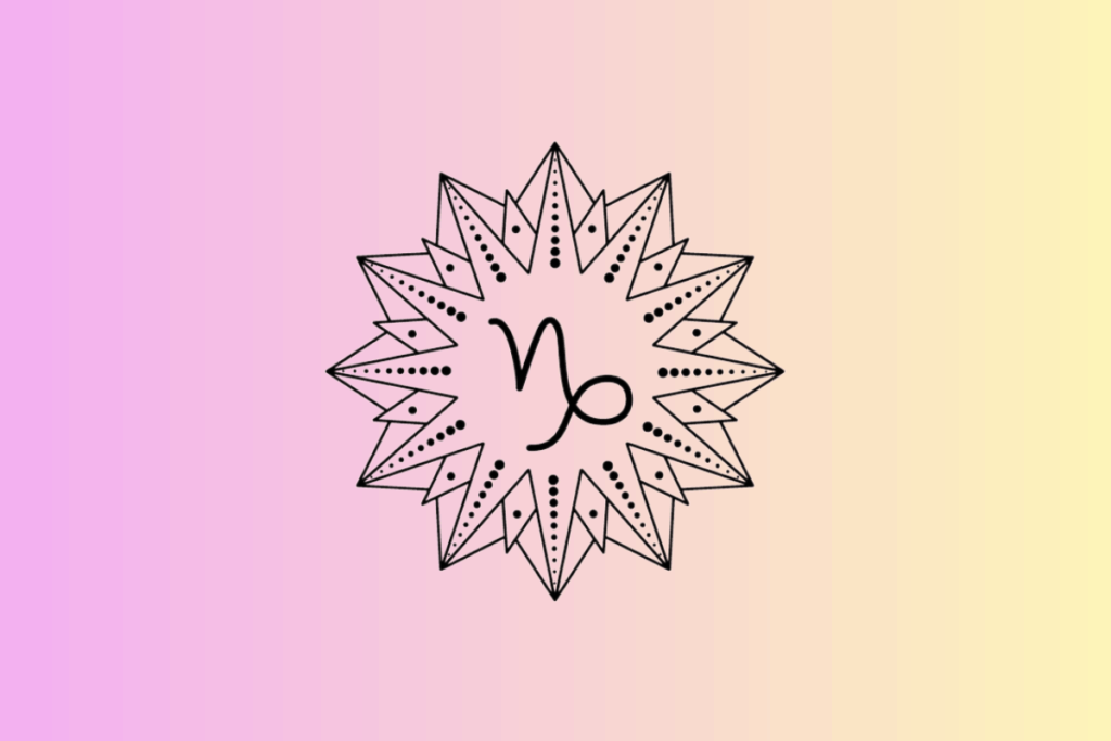 Ilustração com fundo em degradê do rosa para o amarelo, contendo ao centro um sol geométrico estilizado em preto e branco, com o símbolo do signo de Capricórnio no meio.