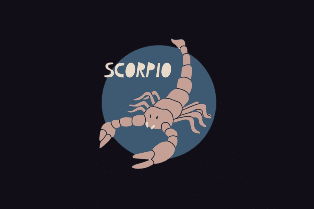 Ilustração do signo de Escorpião com o texto "Scorpio", mostrando um escorpião bege com garras e cauda erguida sobre um fundo circular azul.