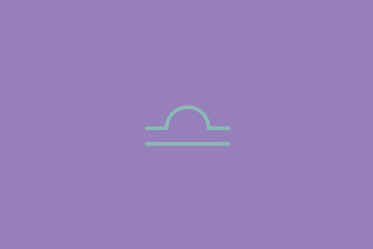 Símbolo do signo de Libra em linhas verde-água sobre um fundo lilás