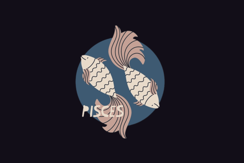 lustração do signo de Peixes com o texto "Pisces", mostrando dois peixes nadando em posições opostas sobre um fundo circular azul.
