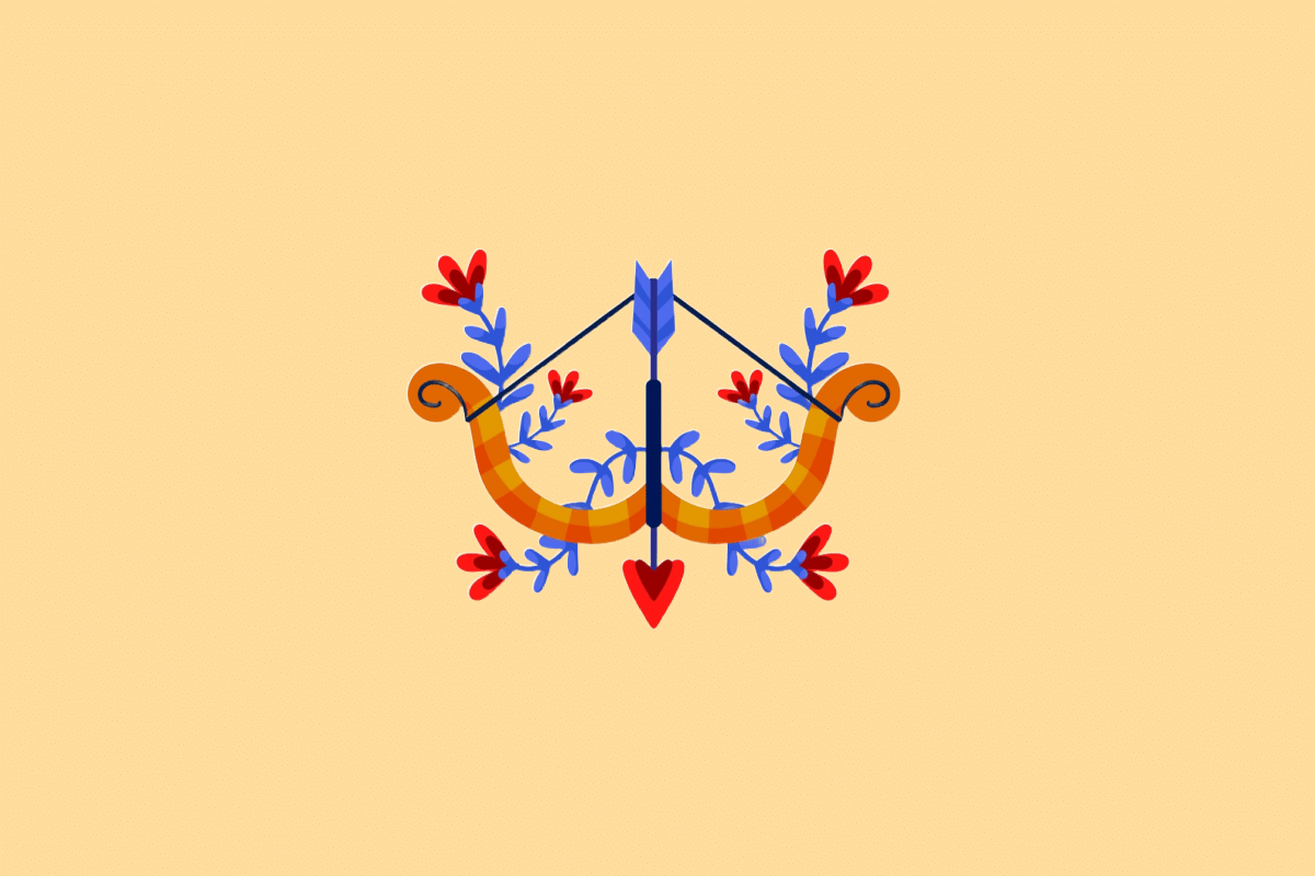 Ilustração estilizada do signo de Sagitário. No centro, um arco laranja e amarelo tensionado por uma corda preta, com uma flecha azul apontada para cima dotada de uma ponta vermelha em formato de coração, tudo entrelaçado por ramos azuis e flores vermelhas. O fundo é de cor amarela clara uniforme.