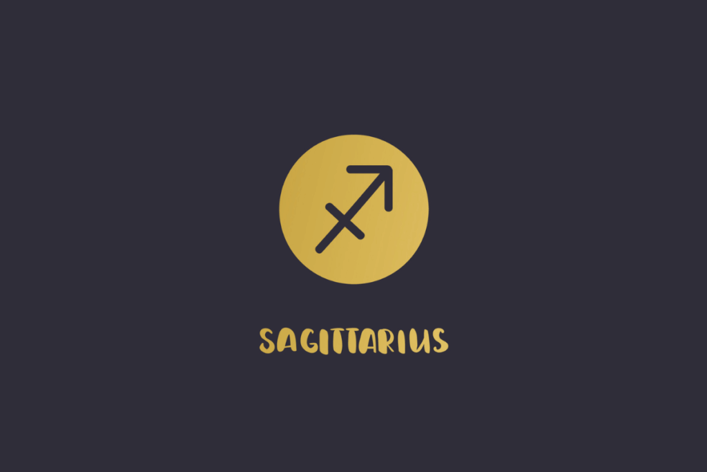 Fundo escuro com o símbolo do signo de Sagitário em formato de flecha preta cruzada dentro de um círculo amarelo, acompanhado pela palavra "SAGITTARIUS" em amarelo abaixo.