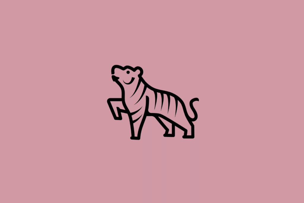 Ícone de um tigre em linhas pretas com listras pelo corpo sobre um fundo rosa-escuro