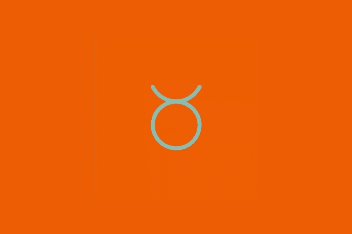 Símbolo do signo de Touro em linhas verde-água sobre um fundo laranja.