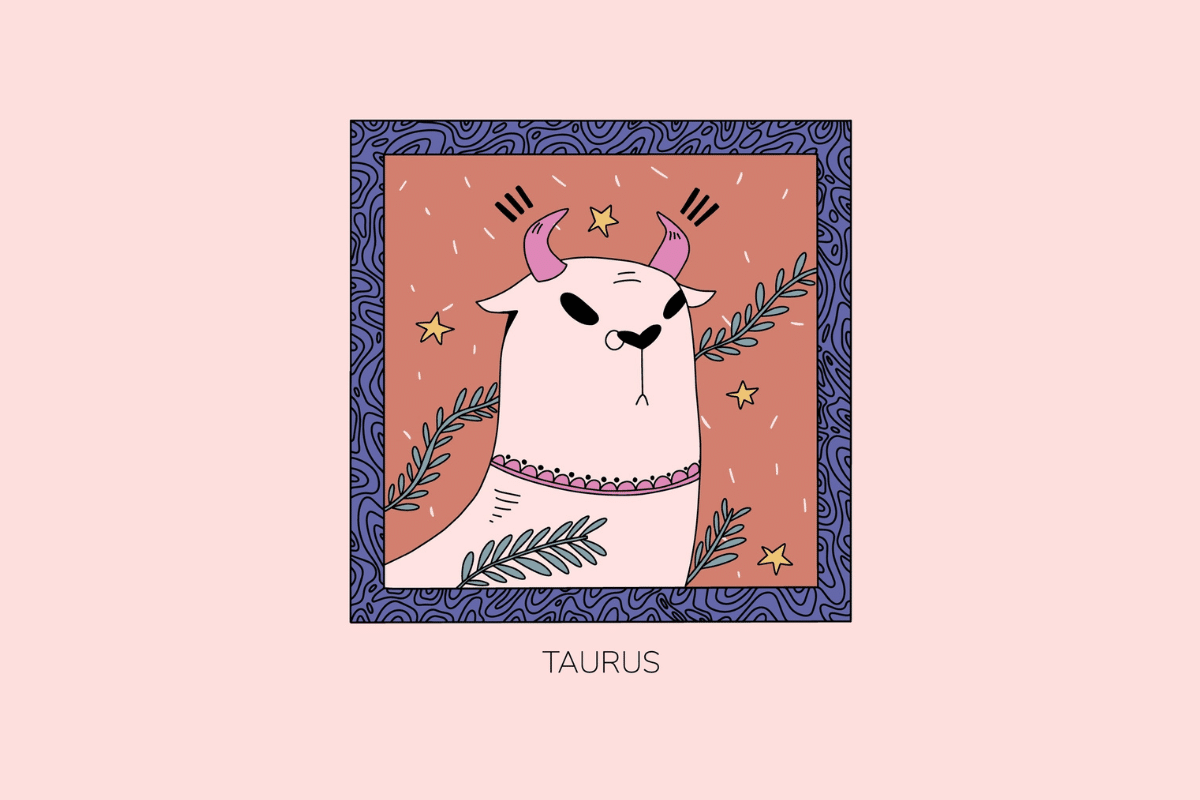 Ilustração estilizada do signo de Touro, mostrando a figura de um touro claro com pequenos chifres rosa cercado por ramos e estrelas, em moldura roxa com fundo salmão e a palavra "Taurus" abaixo.