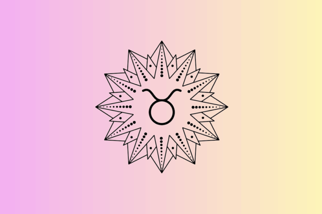 Ilustração com fundo em degradê do rosa para o amarelo, contendo ao centro um sol geométrico estilizado em preto e branco, com o símbolo do signo de Touro no meio.