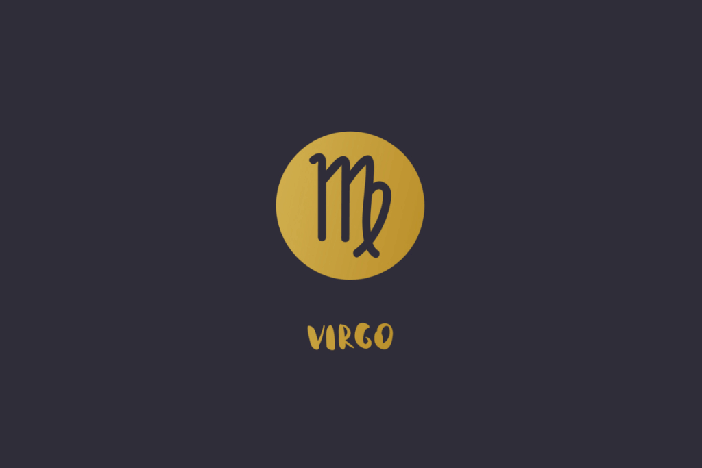Fundo escuro com o símbolo do signo de Virgem em formato da letra "m" preta com um laço na ponta dentro de um círculo amarelo, acompanhado pela palavra "VIRGO" em amarelo abaixo.