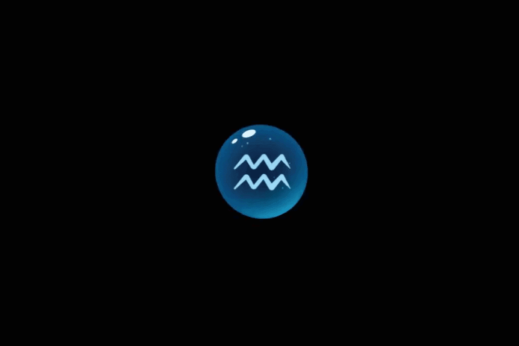 Imagem com fundo preto, apresentando uma esfera azul brilhante no centro, com o símbolo astrológico do signo de Aquário em azul-claro, formado por duas linhas em zigue-zague paralelas. A esfera possui efeito tridimensional, pequenos pontos luminosos e reflexos brancos na parte superior.