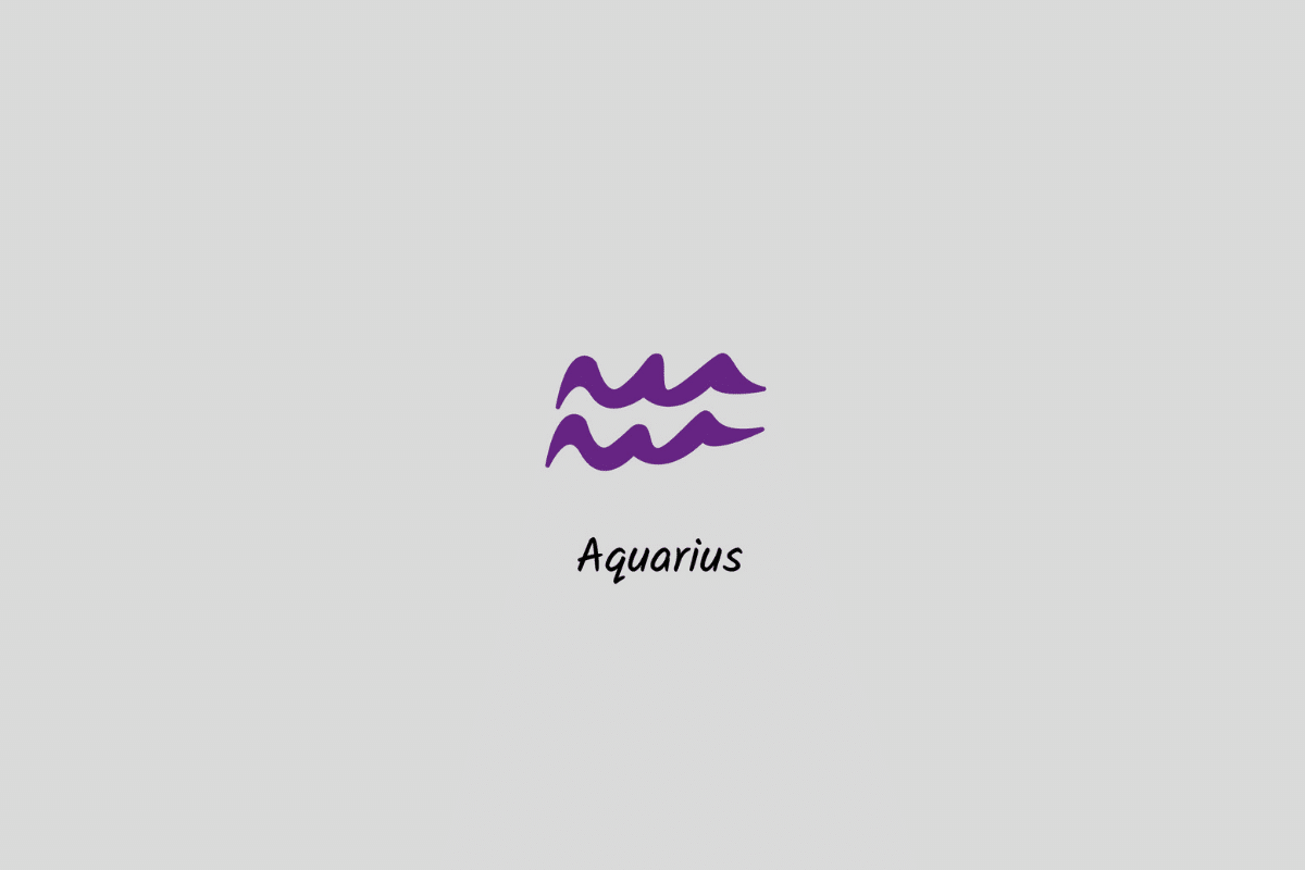 Ilustração do signo de Aquário em roxo, com o nome abaixo, centralizada sobre um fundo cinza-claro