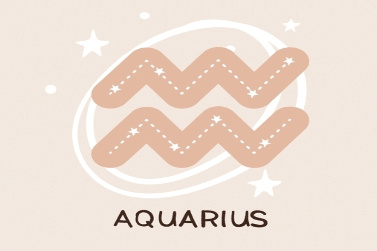 Ilustração do símbolo de Aquário, formado por duas linhas onduladas em tom bege. Linhas pontilhadas e pequenas estrelas brancas decoram o interior, enquanto outros elementos celestes aparecem ao redor.