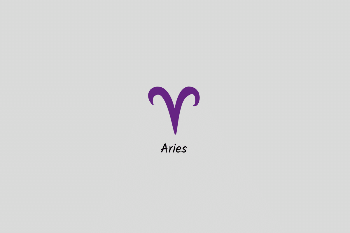 Ilustração do signo de Áries em roxo, com o nome abaixo, centralizada sobre um fundo cinza-claro