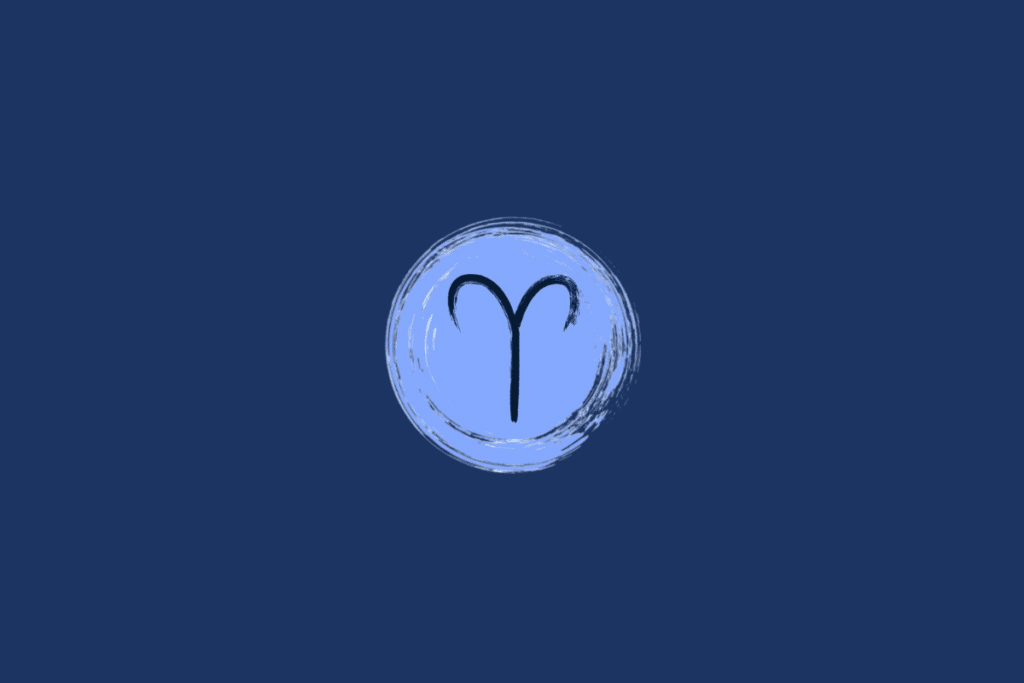Ilustração do símbolo do signo de Áries, representado por linhas curvas que lembram os chifres de um carneiro, em preto, dentro de um círculo azul-claro sobre fundo azul-marinho.