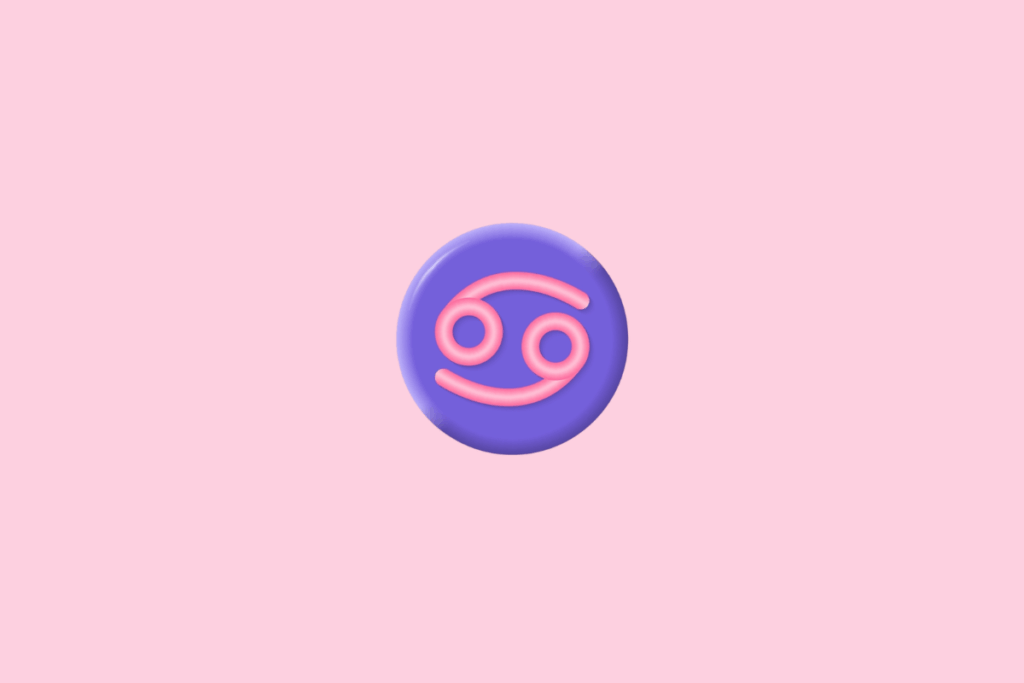 Símbolo do signo de Câncer, formado por duas curvas circulares opostas, ligadas por traços curvos, em rosa, com aparência tridimensional e brilhante. O símbolo está centralizado em um círculo roxo com bordas iluminadas, sobre fundo rosa-claro.