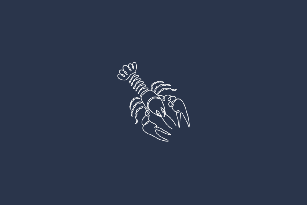 Ilustração linear branca do signo de Câncer sobre fundo azul-marinho uniforme. O desenho representa um crustáceo estilizado em posição diagonal, com corpo segmentado, várias patas articuladas, duas grandes pinças na parte dianteira e uma cauda formada por segmentos curvos que se abrem em leque. As diferentes partes do corpo são delineadas por linhas finas e sinuosas.