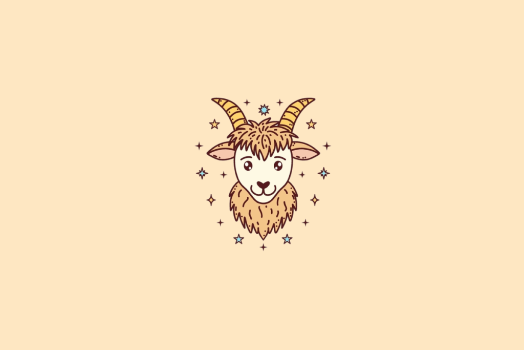 Ilustração de uma cabra com chifres longos e pontudos, pelagem bege e rosto branco. O animal tem olhos grandes e expressão simpática, cercado por estrelas coloridas sobre fundo bege-claro.