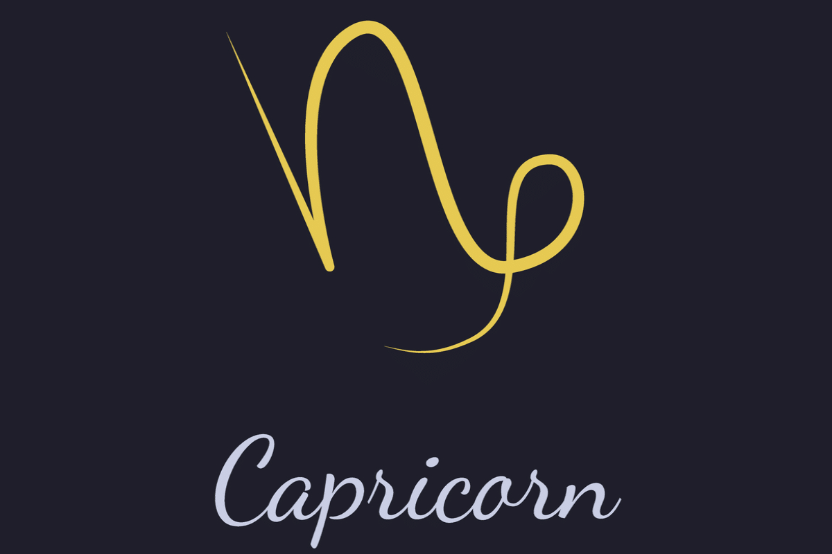 A imagem apresenta o símbolo astrológico de Capricórnio em dourado, formado por linhas curvas que lembram a letra N com uma volta na extremidade. Abaixo, o nome “Capricorn” aparece em letras cursivas cinza-claras, sobre um fundo azul-escuro quase preto.