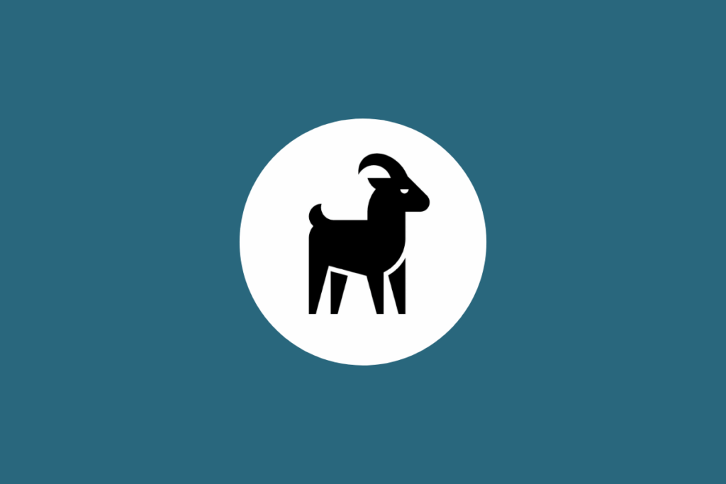 Ilustração minimalista em preto do signo de Capricórnio, representado por uma cabra, dentro de um círculo branco sobre fundo azul-petróleo