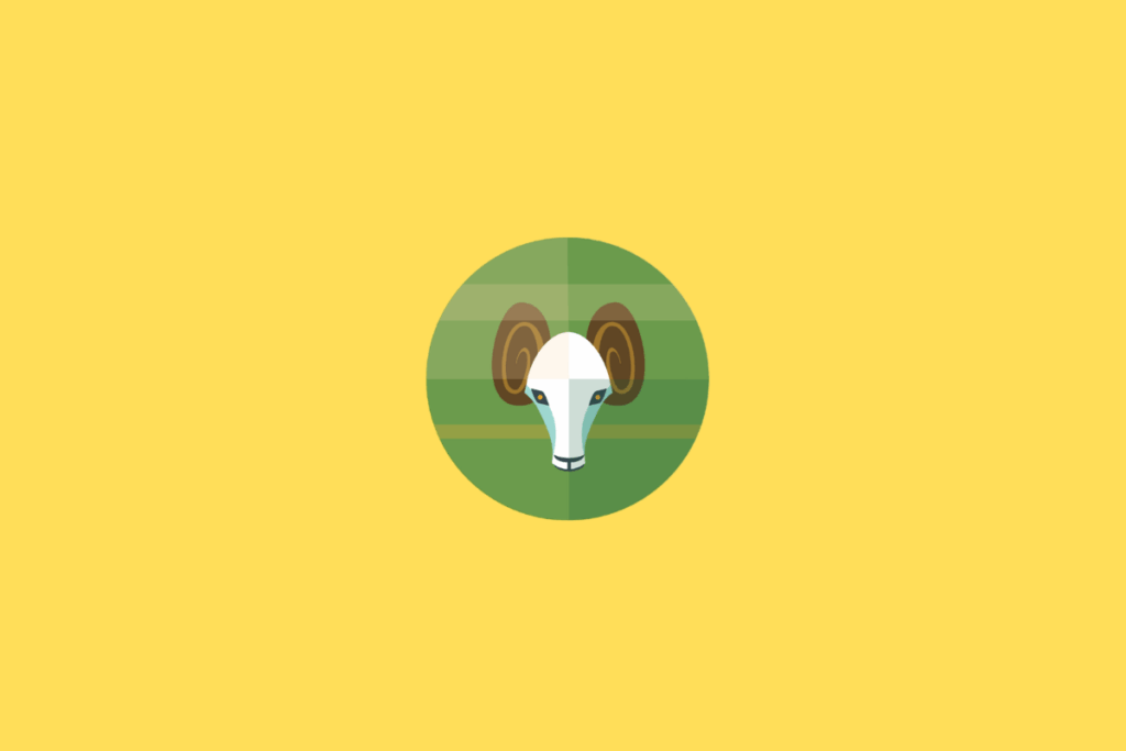 Símbolo do signo de Capricórnio representado pela cabeça frontal de um animal com grandes chifres curvados, em tons de marrom e dourado. O rosto é predominantemente branco, com detalhes em azul-marinho, olhos pequenos e focinho alongado. A figura aparece em um círculo verde-claro com faixas horizontais e verticais em diferentes tonalidades de verde. O fundo externo é amarelo-claro intenso e uniforme.
