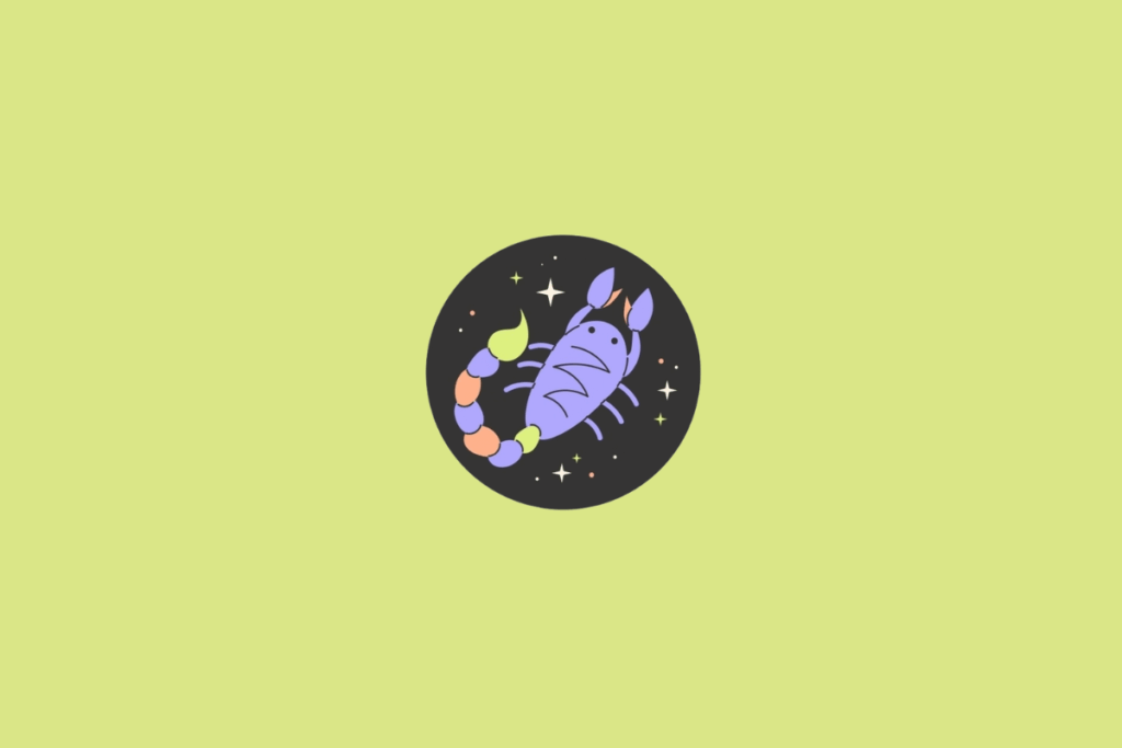Ilustração de um escorpião em lilás, com corpo alongado, várias patas e cauda curvada para cima, terminando em um ferrão. As pinças e partes da cauda apresentam detalhes em verde-limão e alaranjado. A imagem está dentro de um círculo preto com pequenas estrelas coloridas. Em fundo verde-claro.