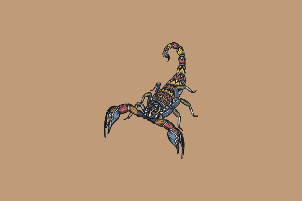 Ilustração do símbolo do signo de Escorpião, representado por um escorpião em estilo artístico e colorido, com detalhes decorativos sobre fundo bege.