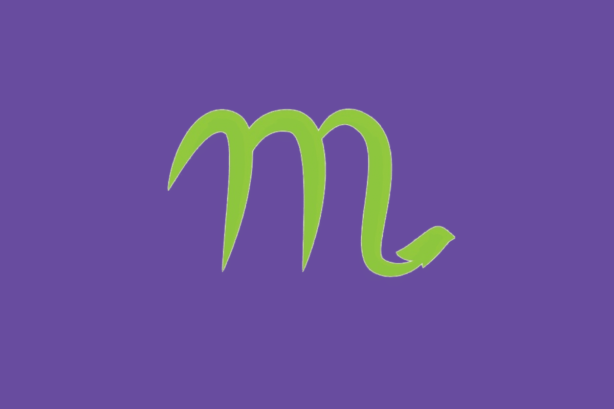 O símbolo astrológico do signo de Escorpião em verde-claro sobre um fundo roxo