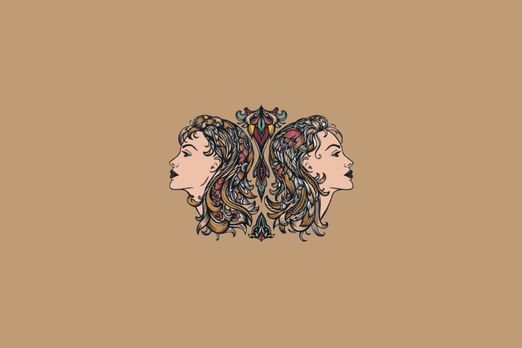 Ilustração do símbolo do signo de Gêmeos, representado por duas faces femininas de perfil, voltadas para direções opostas, com detalhes florais e coloridos em estilo artístico sobre fundo bege.