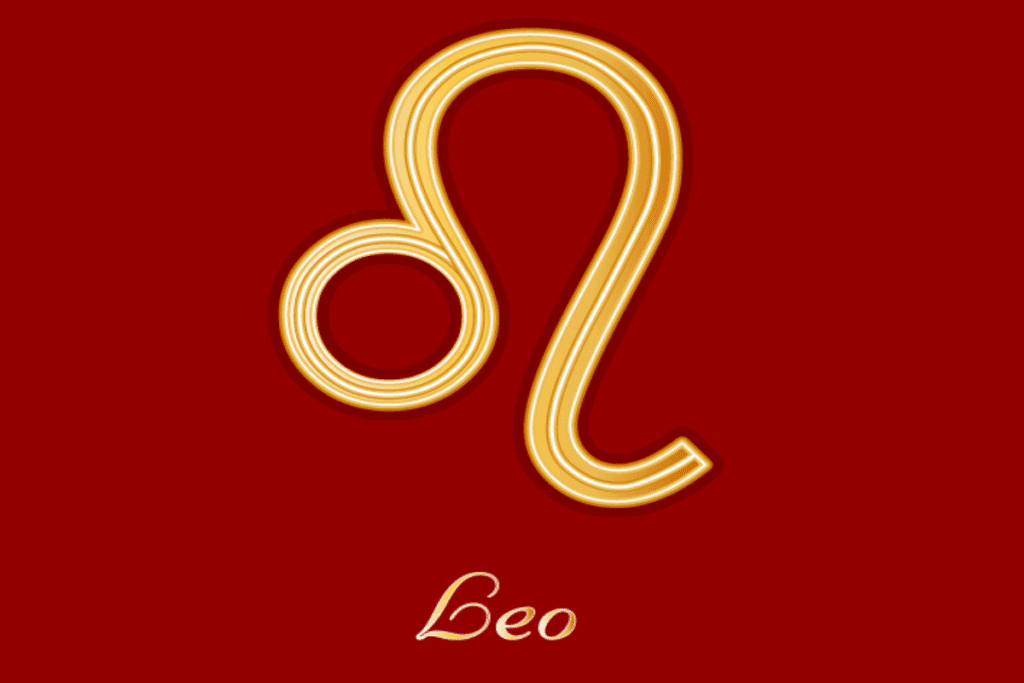 Ilustração do símbolo astrológico do signo de Leão em dourado, formado por linhas curvas e contornos brilhantes, sobre um fundo vermelho-escuro. Na parte inferior, aparece a palavra “Leo”, escrita em letras douradas e cursivas.