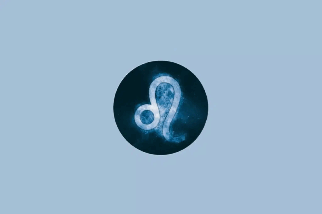 Ilustração do símbolo do signo de Leão em azul-claro, formado por linhas curvas que lembram uma juba e uma cauda, com efeito luminoso, dentro de um círculo azul-escuro sobre um fundo azul-claro.