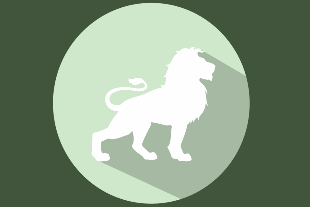a imagem representa o signo de Leão com a silhueta branca de um leão em pé, visto de perfil. A juba volumosa, a cauda curvada e a postura imponente se destacam sobre um círculo verde-claro.