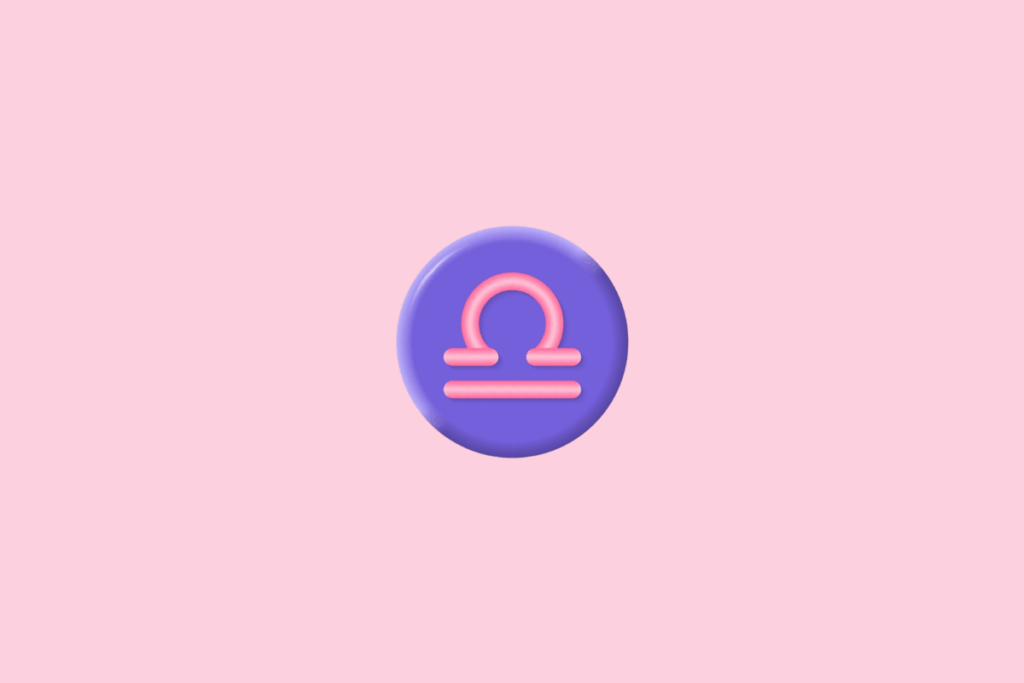 Símbolo do signo de Libra, formado por um arco semelhante a um semicírculo sobre uma linha horizontal curta e outra linha horizontal mais comprida abaixo. O desenho é rosa, tem aparência tridimensional e brilhante e está centralizado em um círculo roxo com bordas iluminadas, sobre fundo rosa-claro.