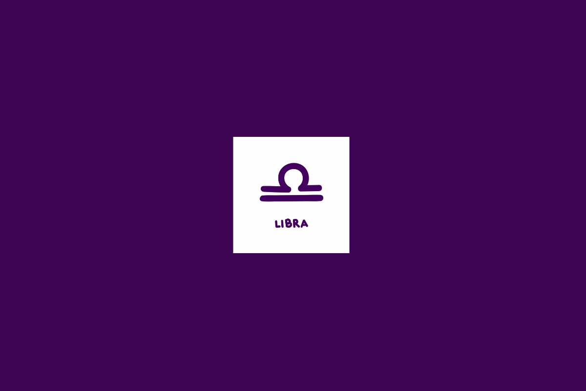 Ilustração do signo de libra dentro de um quadrado branco e centralizado em fundo roxo-escuro