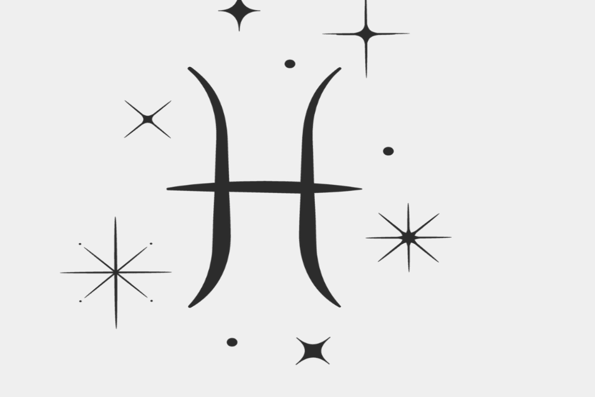 Imagem com fundo cinza-claro, apresentando o símbolo astrológico do signo de Peixes em preto, formado por duas linhas curvas opostas, unidas por uma linha horizontal. Ao redor, aparecem estrelas estilizadas de diferentes tamanhos e pequenos pontos pretos, criando uma composição celestial.