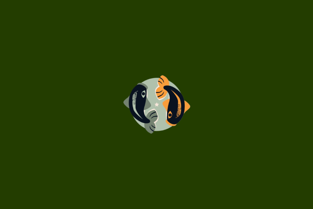 Dois peixes estilizados, curvados em sentidos opostos, com corpos em azul-marinho, laranja e verde-acinzentado. Eles estão sobre um círculo verde-sálvia decorado com uma estrela clara. O fundo é verde-escuro uniforme.
