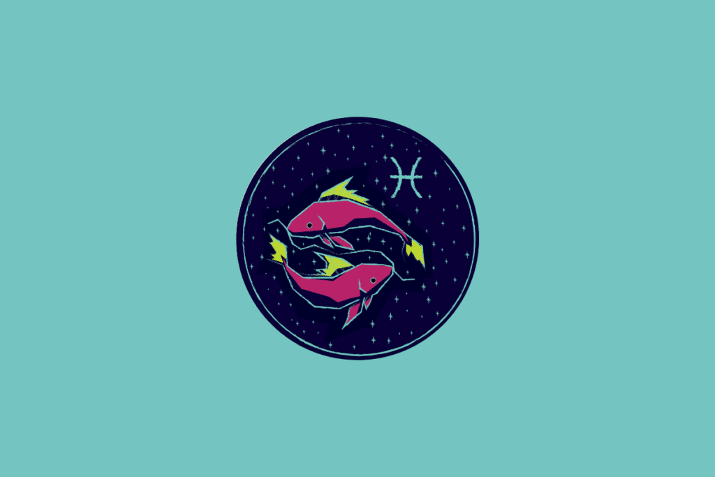 Ilustração num círculo azul-escuro estrelado sobre fundo azul-turquesa, representando Peixes através de dois peixes rosa com barbatanas amarelas nadando em direções opostas e o respetivo símbolo astrológico