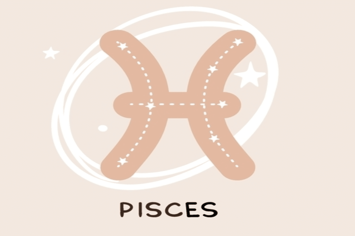 Ilustração do símbolo de Peixes em tom bege, decorado com linhas pontilhadas e pequenas estrelas brancas. O desenho é cercado por traços circulares, estrelas e pontos brancos sobre um fundo claro.